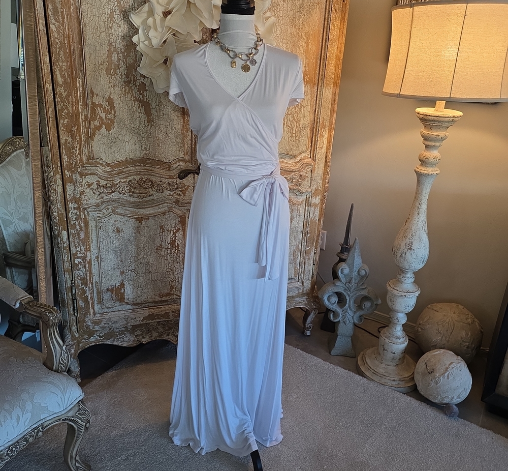 White Wrap-Front Maxi Dress with Tie Waist